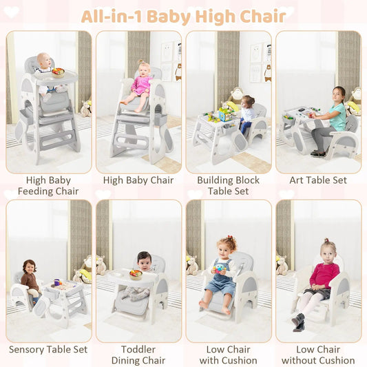All-in-1 convertible baby high chair DirectDeals gray with adjustable tray showing 8 setups on Tampa Home & Garden Store