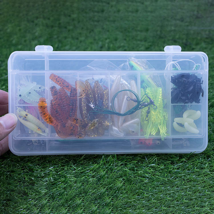 Soft bait lure set in clear tackle box with bright freshwater lures on Tampa Home & Garden Store