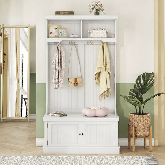 Hall Tree with Storage Shoe Bench 4-in-1 Rack, white wood with upper cubbies and coat hooks on Tampa Home & Garden Store