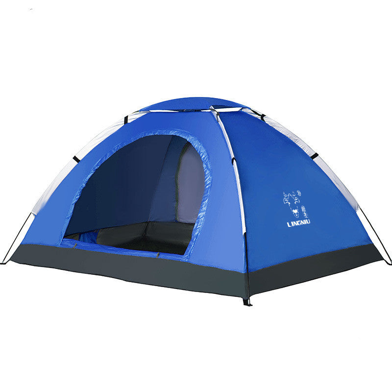 Tent blue single-layer dome camping tent with open front door and Lingmu logo on Tampa Home & Garden Store