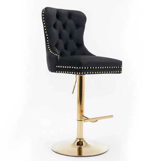 Black tufted bar stool with back, gold stud trim, adjustable height 25-33 in, swivel base on Tampa Home & Garden Store