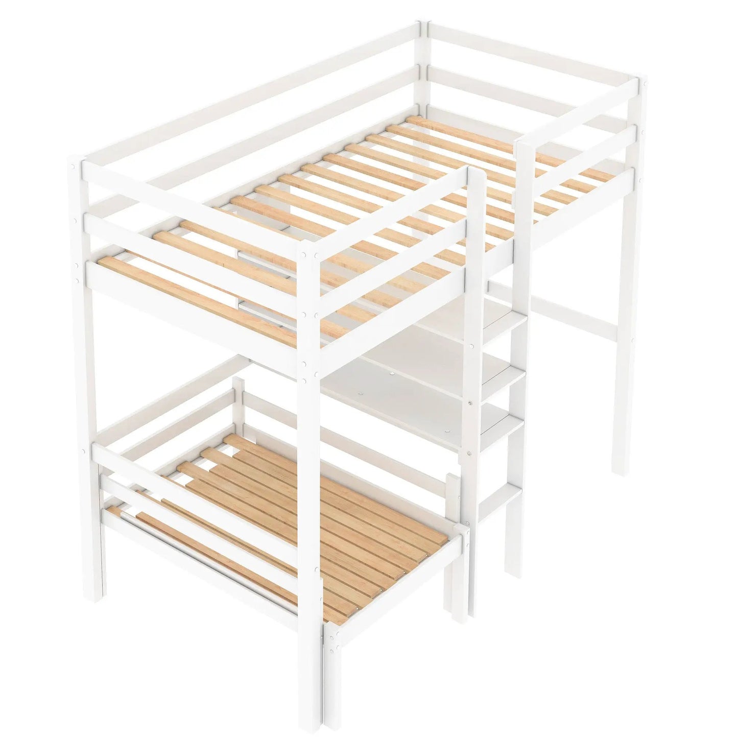 Lit mezzanine convertible avec bureau en L, Lit superposé simple avec étagères et échelle Blanc