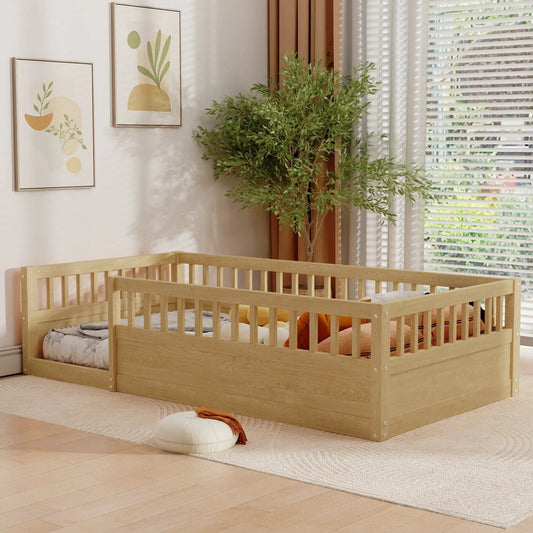 Twin floor bed frame with fence in natural pine wood, low platform design for kids room on Tampa Home & Garden Store