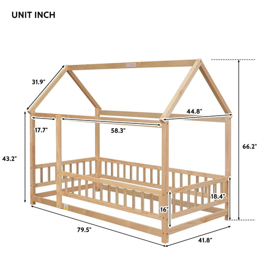 Twin size floor wooden bed with house roof frame in wood finish VIP Digital Presence on Tampa Home & Garden Store