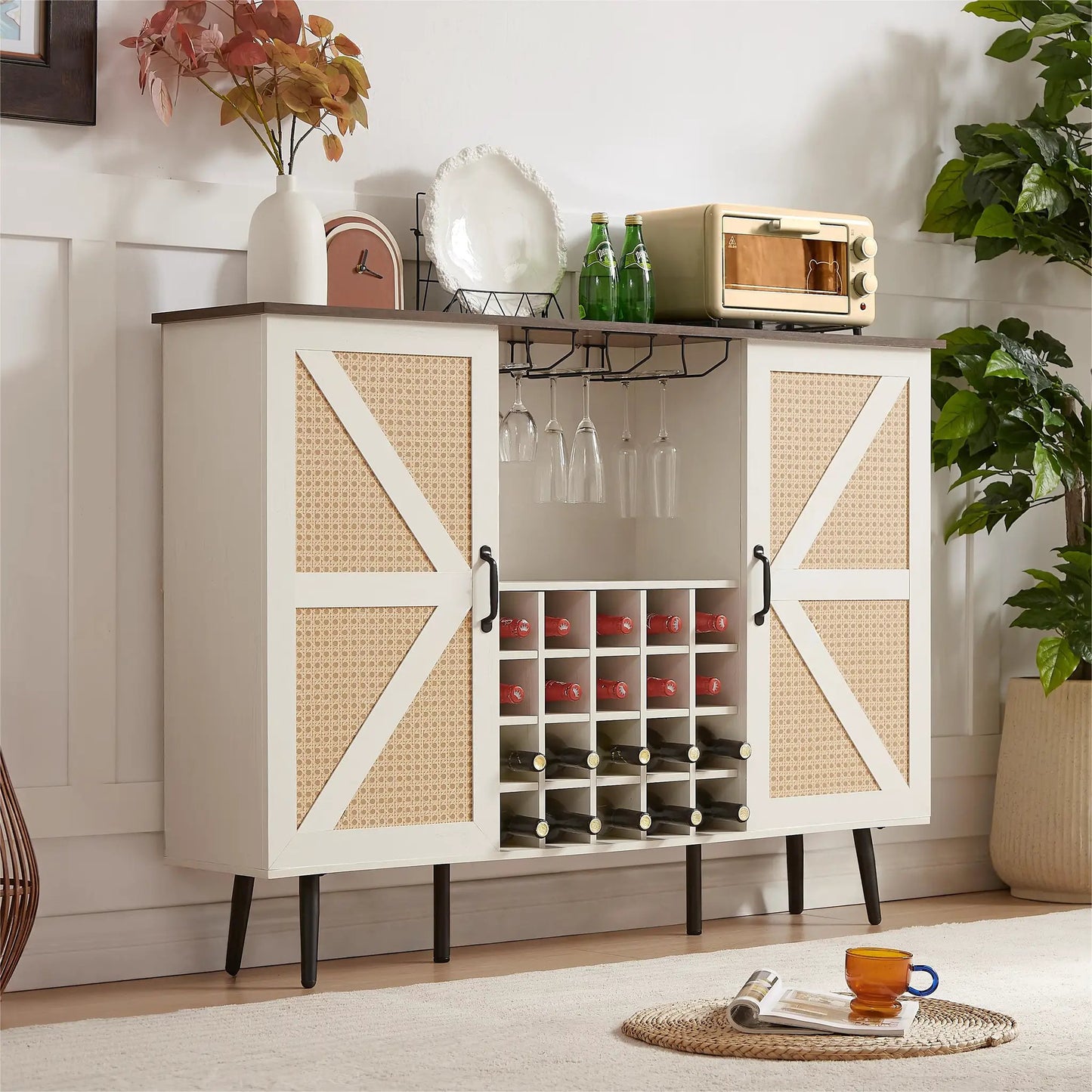 White faux rattan wine cabinet with glass rack and bottle storage on Tampa Home & Garden Store