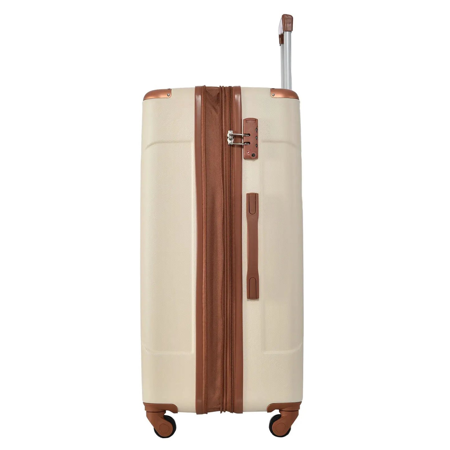 Beige hardshell luggage set 3-piece spinner suitcases with brown leather trim and lock on Tampa Home & Garden Store