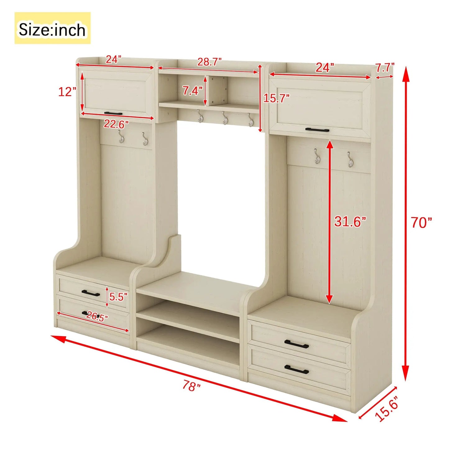 Mueble recibidor cuatro en uno desmontable con cajones y armarios, 7 ganchos, colgadores de pasillo multifuncionales, taburetes zapateros beige antiguo