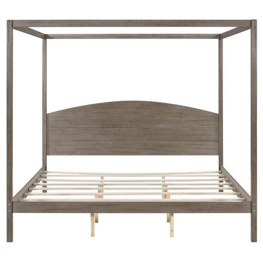 King size four-poster canopy bed frame with headboard and slatted platform in gray wood finish on Tampa Home & Garden Store