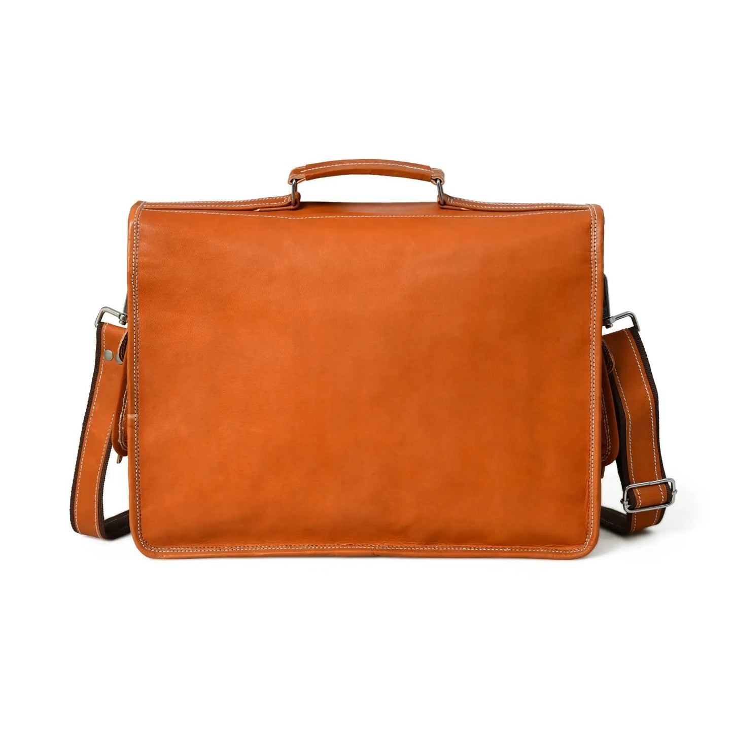 Ginger Grip Leather Briefcase in orange-tan leather with top handle and contrast stitching on Tampa Home & Garden Store