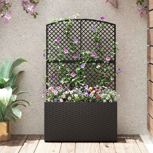 49 Inch raised bed trellis wicker planter box with black lattice and purple flowers on wall on Tampa Home & Garden Store