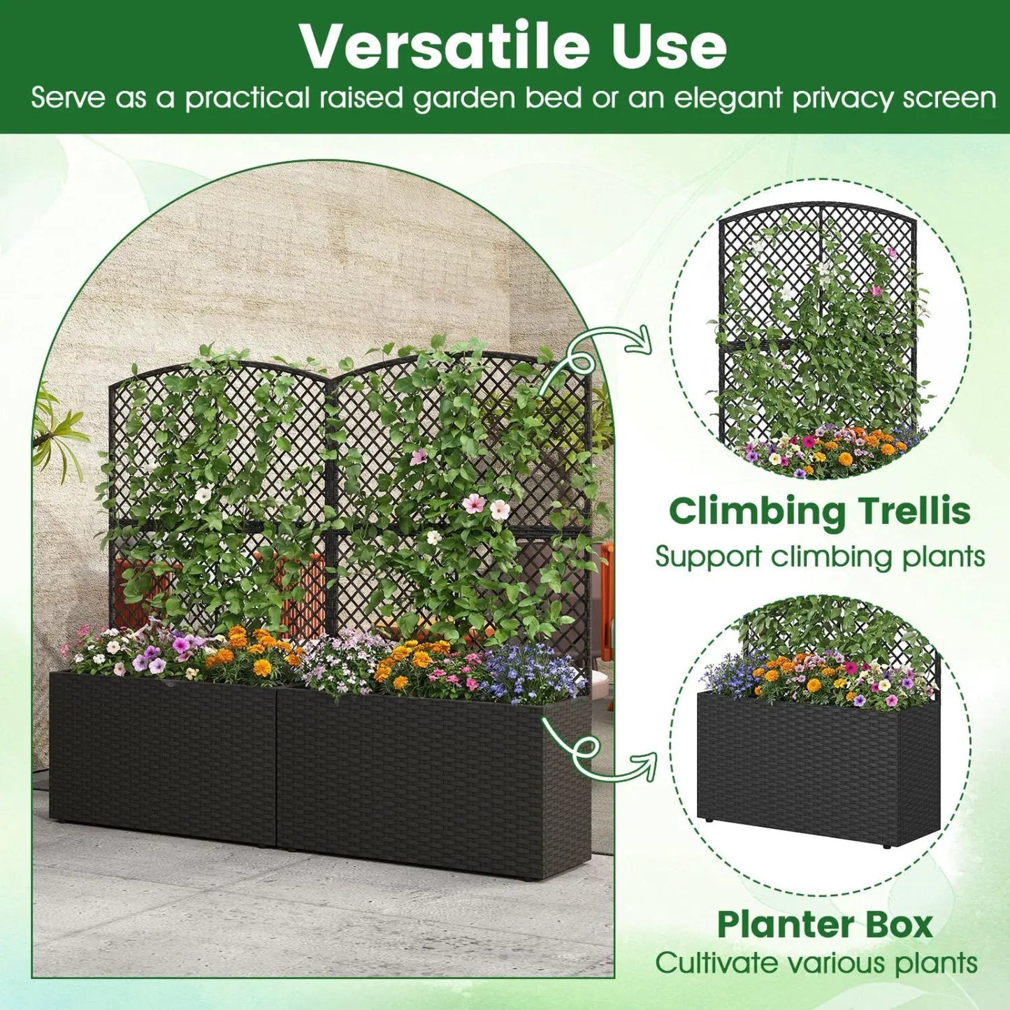 49 Inch Raised Bed Trellis Wicker Planter Box in black wicker with climbing plants on Tampa Home & Garden Store