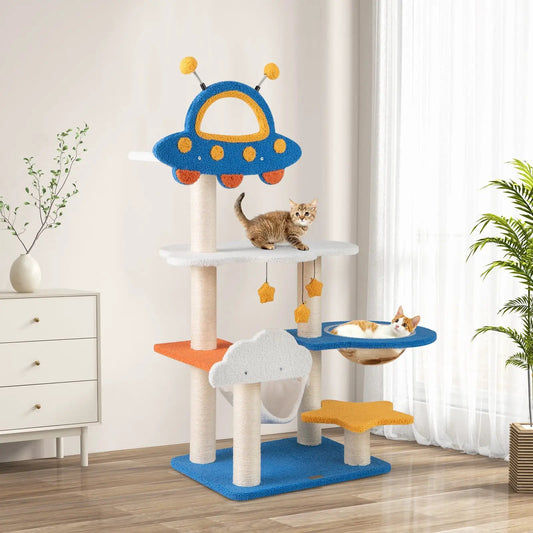 49 Inch Cat Tree with UFO Perch and Sisal Posts in blue and orange, two kittens on platform on Tampa Home & Garden Store