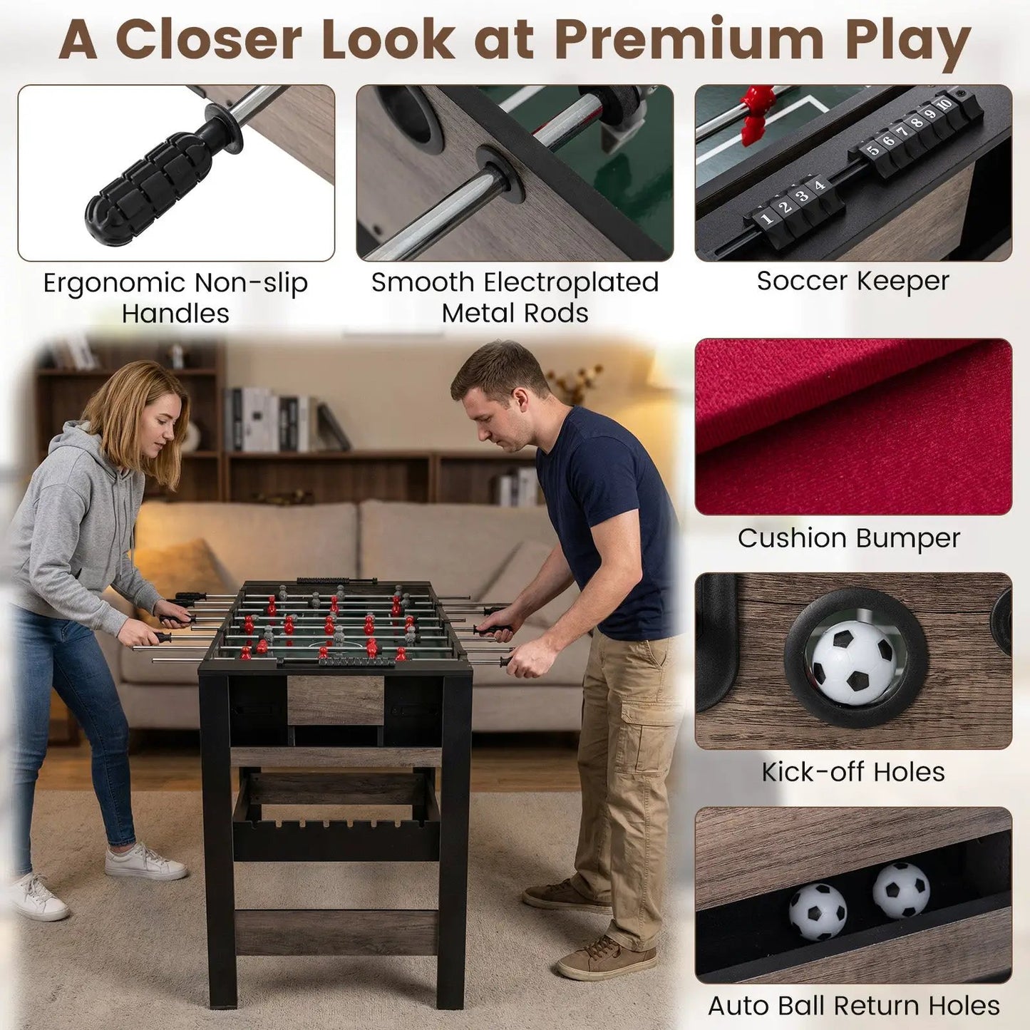 Combo Game Table 3-in-1 billiards and foosball by DirectDeals, brown wood finish with ergonomic handles on Tampa Home & Garden Store