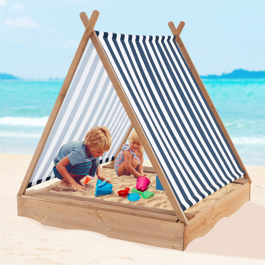 49 x 48 Inch Kids Wooden Sandbox with Cover and 2 Bench Seats - Tampa Home & Garden Store