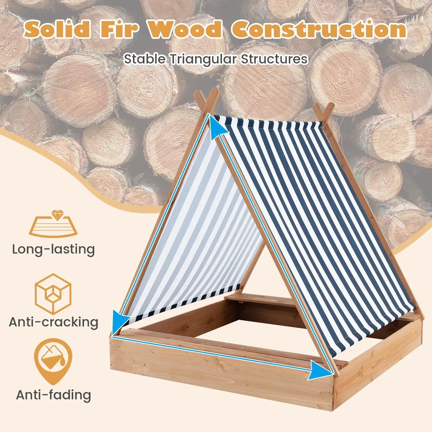 Kids wooden sandbox with cover and benches, blue-white striped canopy on solid fir wood construction on Tampa Home & Garden Store