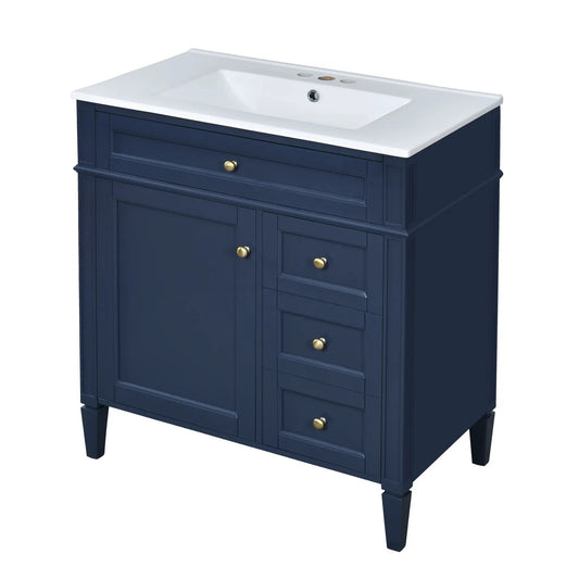 Bathroom vanity with top sink, navy blue cabinet, 2 drawers and tip-out drawer, brass knobs on Tampa Home & Garden Store