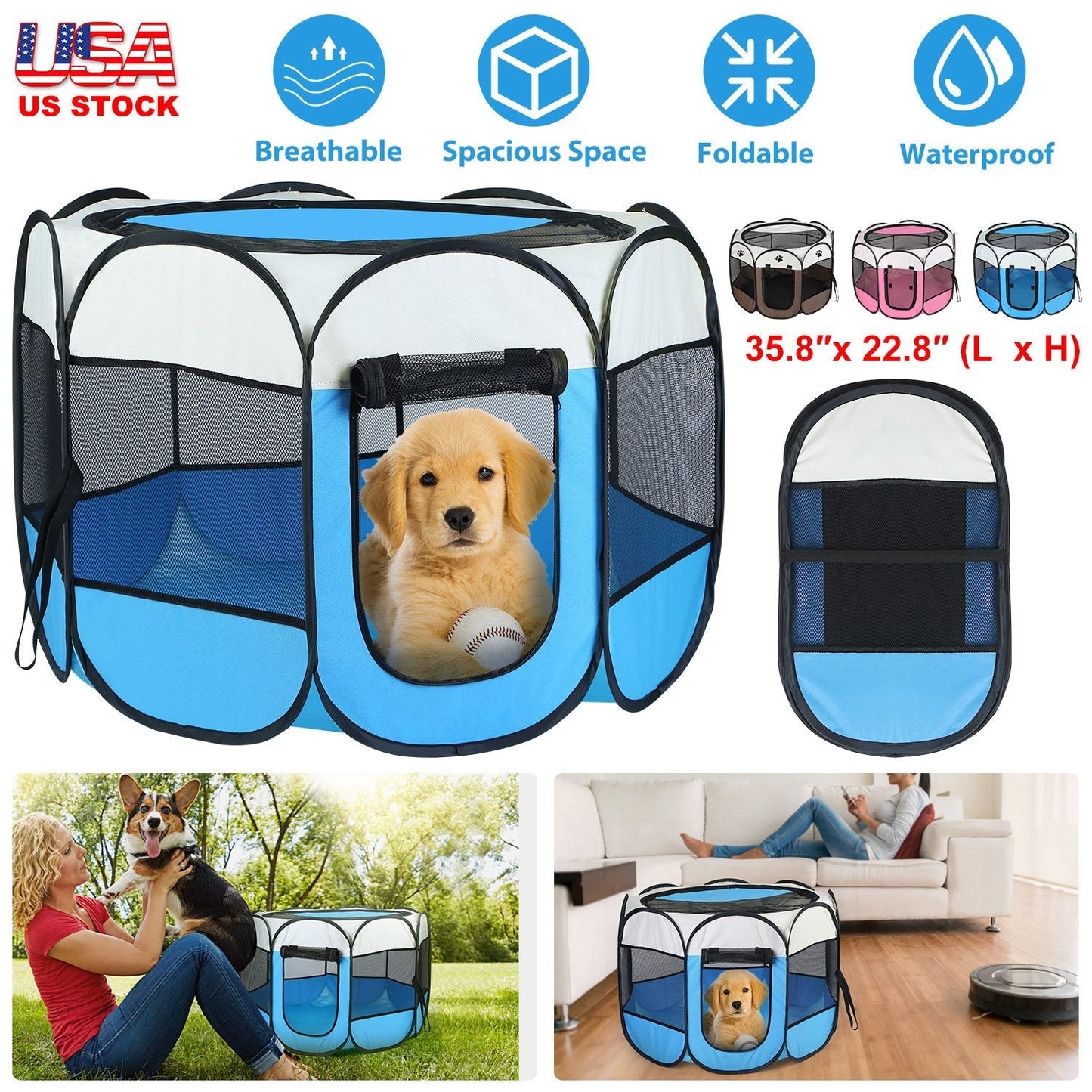 GemGear portable foldable pet tent exercise pen blue/white water resistant for indoor/outdoor use on Tampa Home & Garden Store