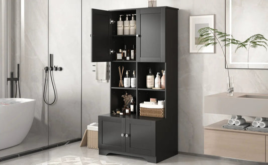 Bathroom Floor Storage Cabinet with 4 Doors Black tall unit with open shelves for items on Tampa Home & Garden Store