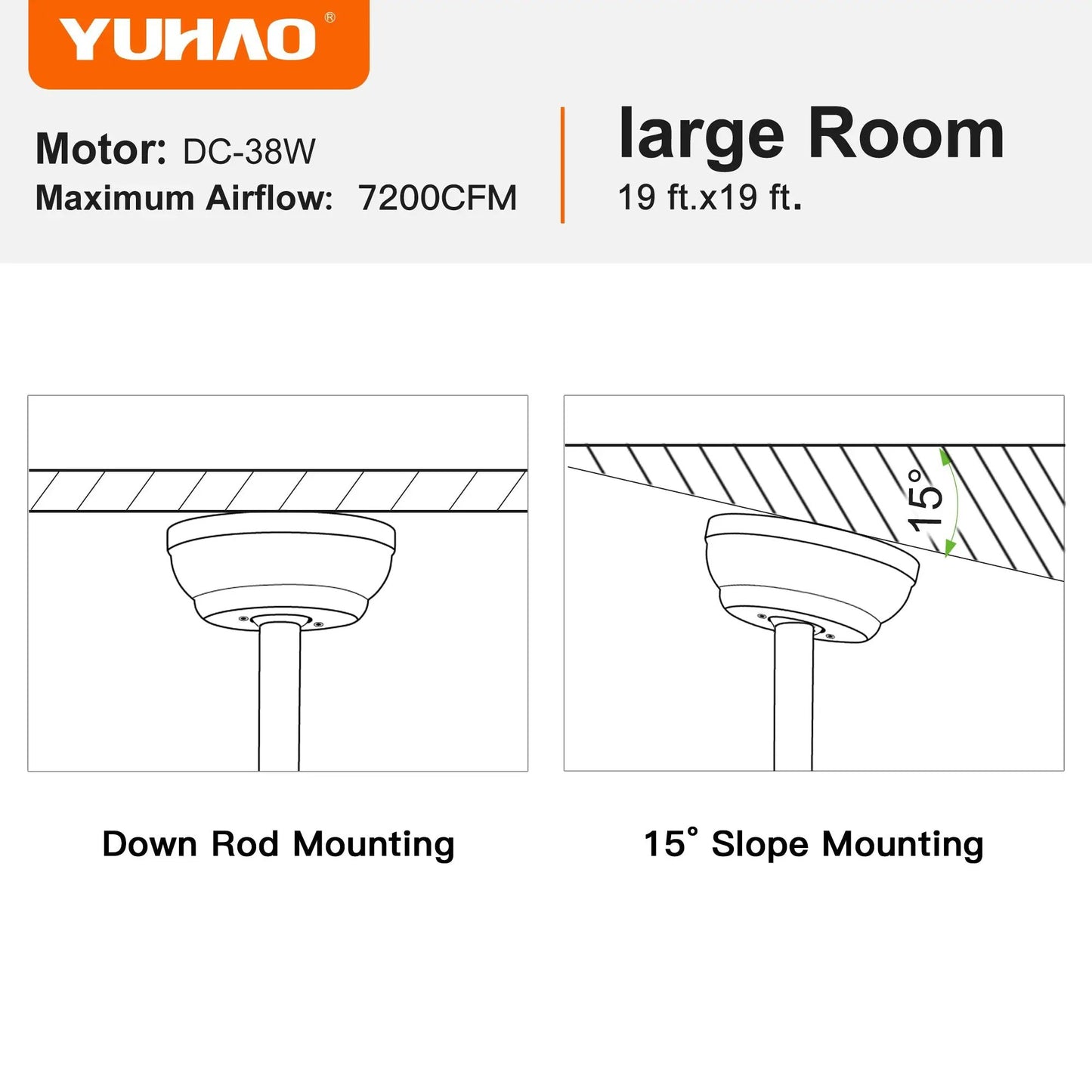 Modern Farmhouse 62 Black Ceiling Fan install diagram; Down Rod, 15° slope mounting on Tampa Home & Garden Store
