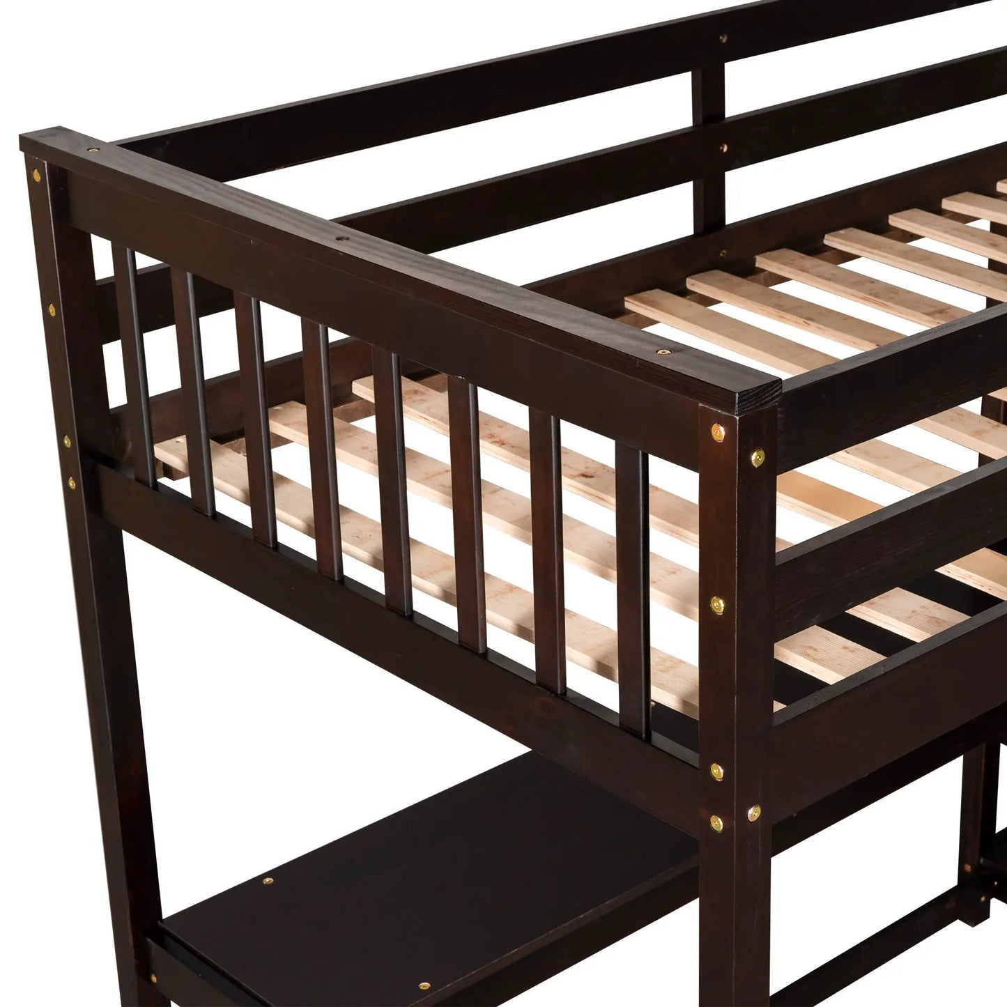 Twin loft bed frame in espresso finish with storage shelves and slatted base on Tampa Home & Garden Store