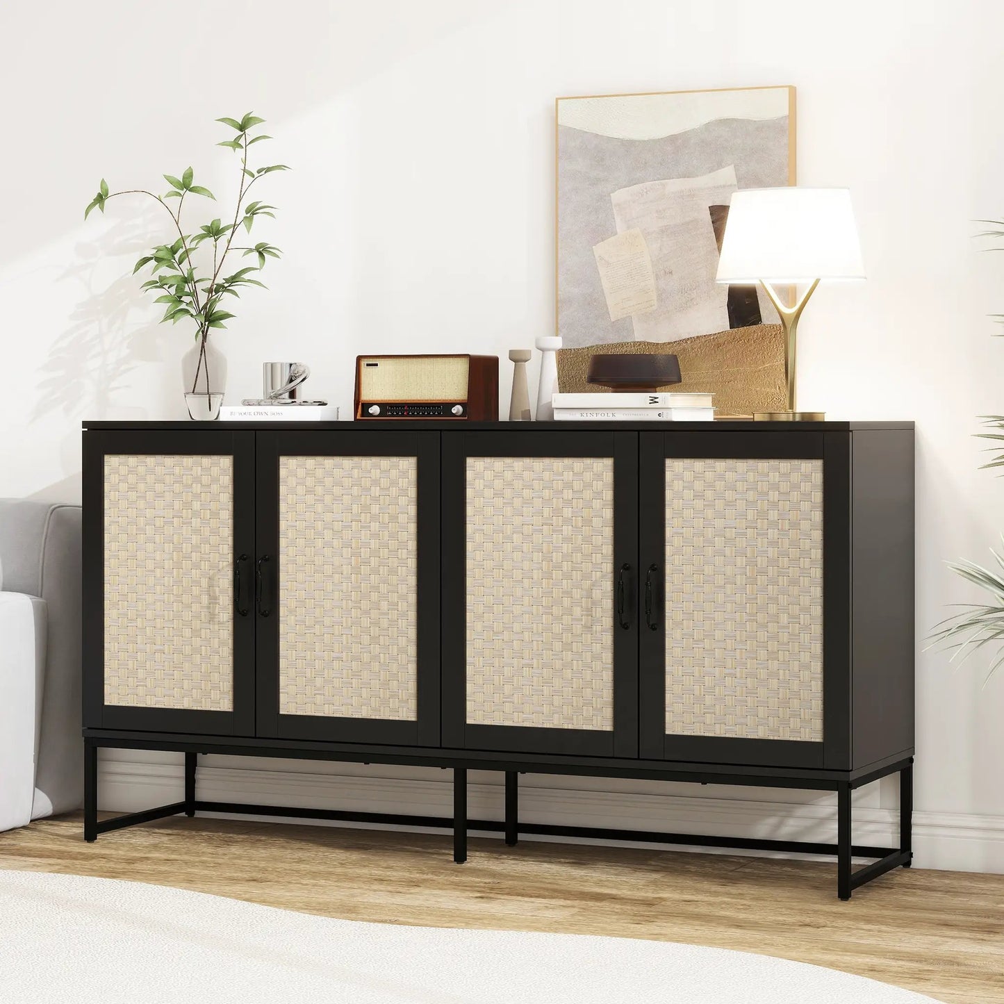 Rattan 4-Door Sideboard with black frame and woven cane doors on Tampa Home & Garden Store