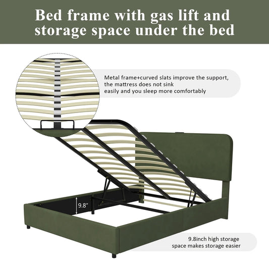 Green Lychee Velvet Hydraulic Storage Bed Queen with gas lift storage, platform bed frame on Tampa Home & Garden Store