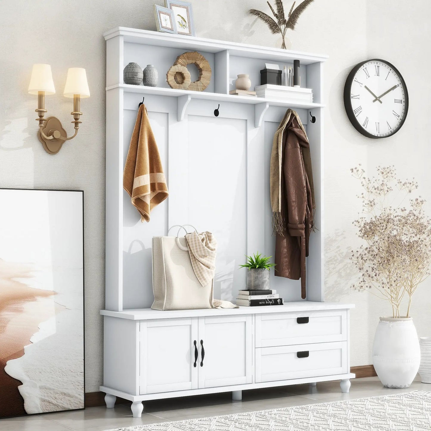 White hall tree with cabinet, drawers, and open shelves for entryway storage on Tampa Home & Garden Store