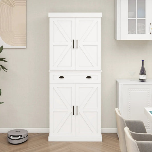 71 inch white pantry cabinet with four X-panel doors and a bottom drawer on Tampa Home & Garden Store