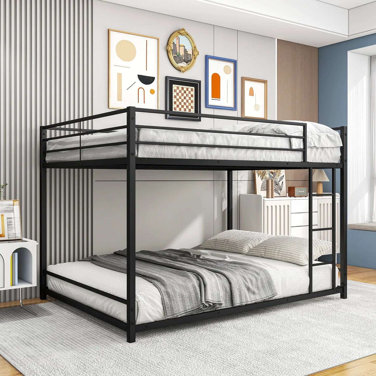 Lit superposé en métal de taille double avec barrières de sécurité, cadre robuste, design peu encombrant, montage facile, noir