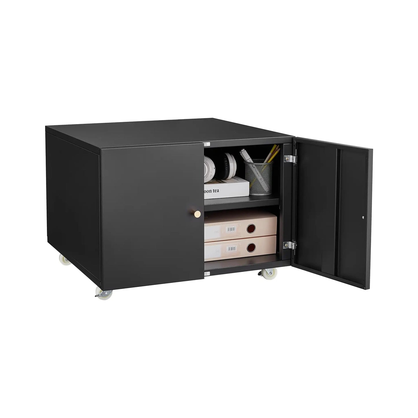 Black steel copier cabinet with 2 doors, open shelves and office supplies visible on Tampa Home & Garden Store