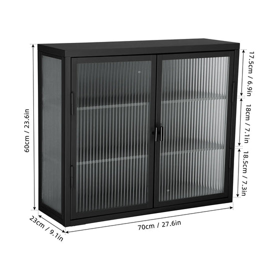 Retro Haze Glass Door Cabinet with Shelves, black ribbed glass doors, two-door storage on Tampa Home & Garden Store