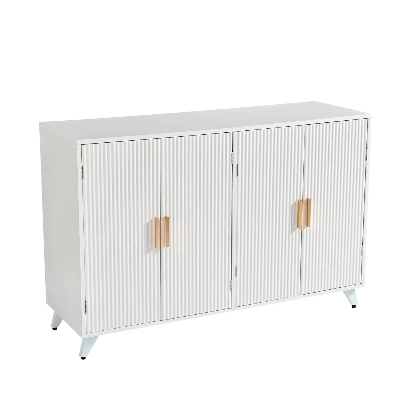 Ivory white sideboard buffet with four ribbed panel doors, gold handles, and angled legs on Tampa Home & Garden Store