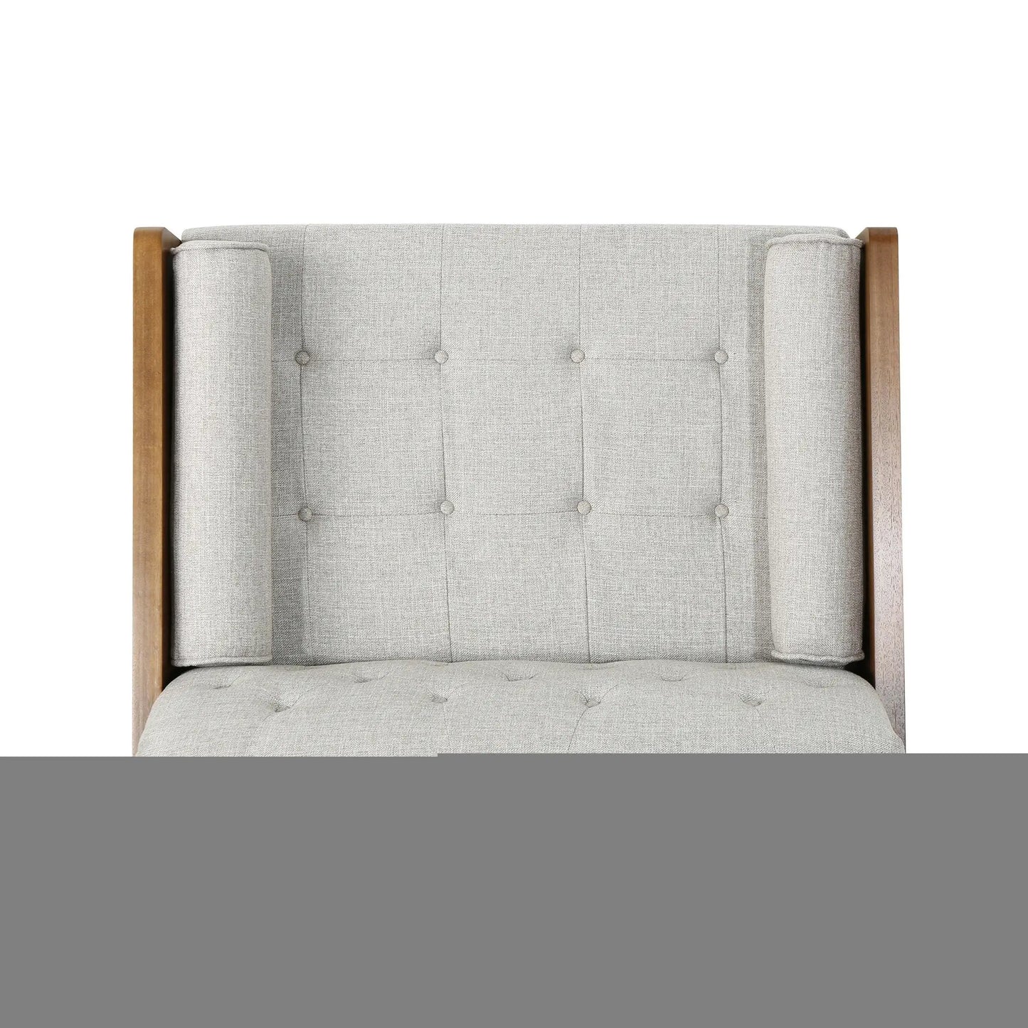 Beige fabric club chair with tufted back and seat, wood-framed arms for living rooms on Tampa Home & Garden Store