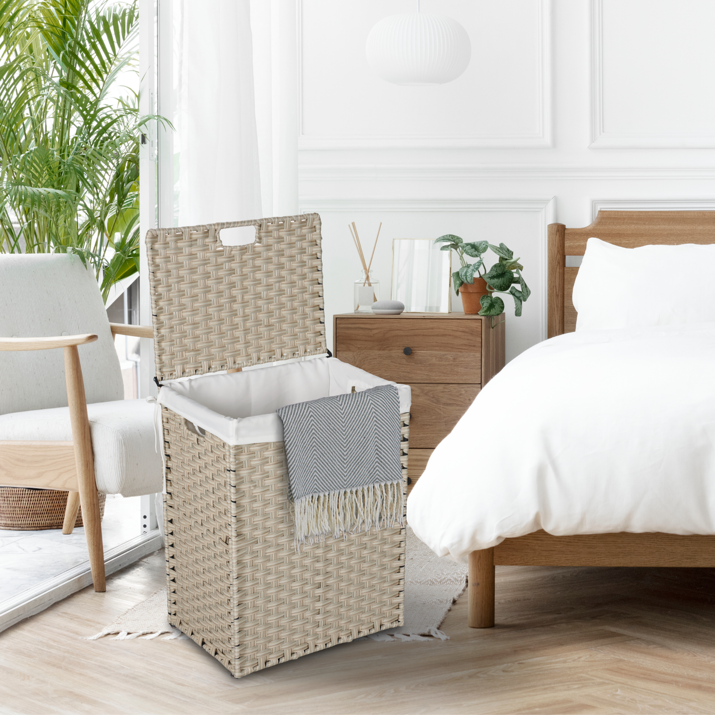 Cesto de ropa sucia con tapa de ratán PE y estructura con recubrimiento en polvo, con 2 bolsas extraíbles, 100L, color gris