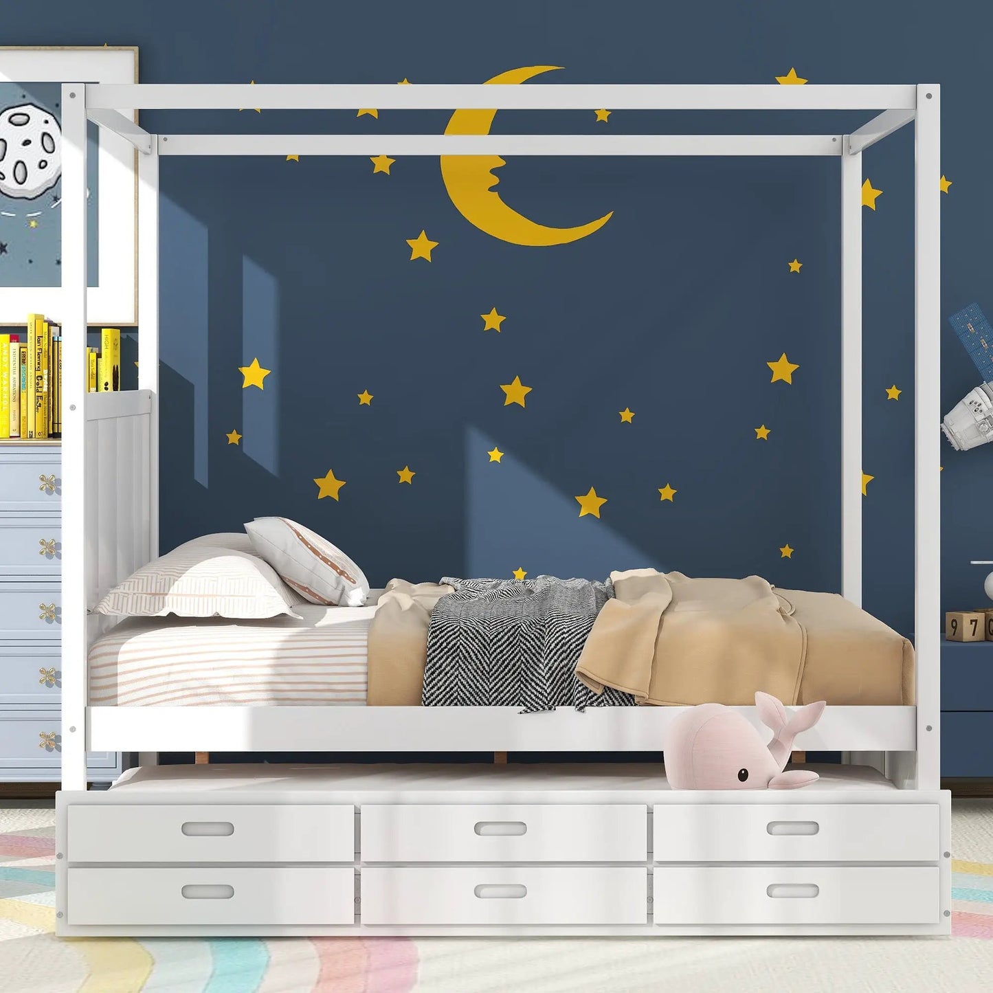 Queen Size Canopy Platform Bed with Twin Trundle, white frame with under-bed storage drawers on Tampa Home & Garden Store