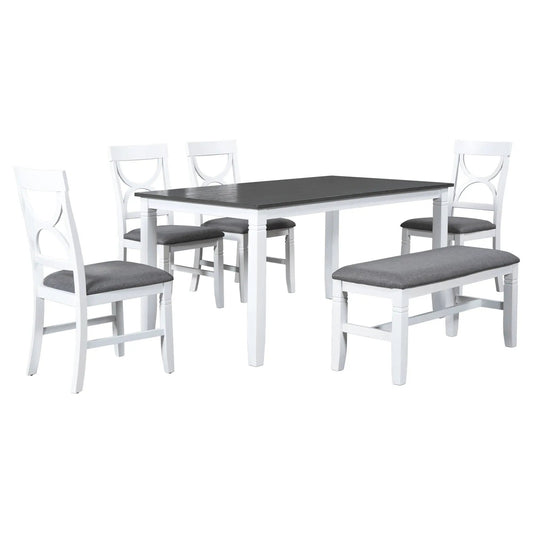 TopMax Farmhouse Wood Dining Table Set with Bench white frame dark tabletop grey cushions on Tampa Home & Garden Store