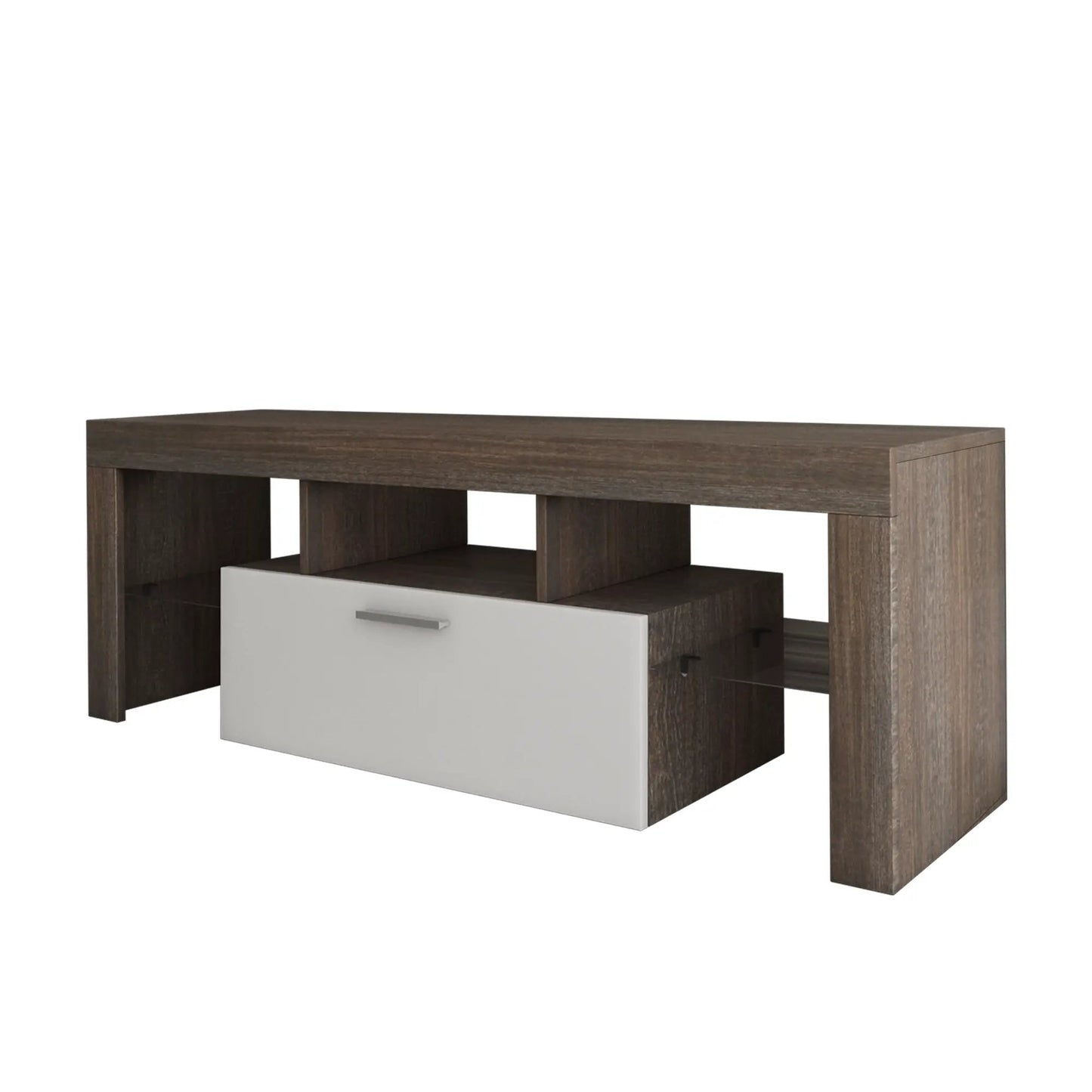Brown and white LED TV stand with dark wood finish, open shelves and white drawer front on Tampa Home & Garden Store