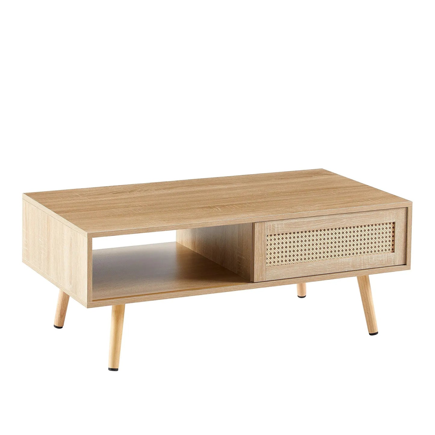 Natural rattan coffee table with sliding storage, light wood finish, cane-weave panel on Tampa Home & Garden Store
