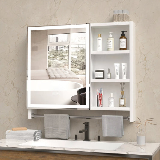 Modern 32x28 white medicine cabinet with LED mirror and open shelf displaying bath products on Tampa Home & Garden Store