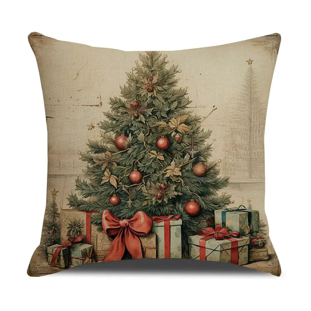 Nordic Santa Pillow Cover with vintage beige background and tree with presents cushion on Tampa Home & Garden Store