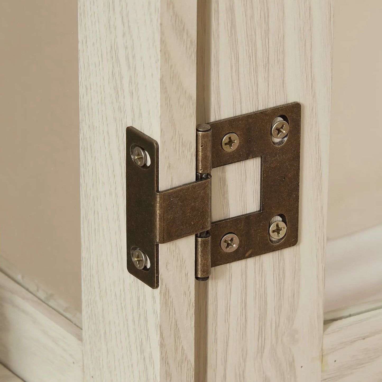 Two Door Curio Cabinet close-up with bronze hinge hardware on light wood finish on Tampa Home & Garden Store