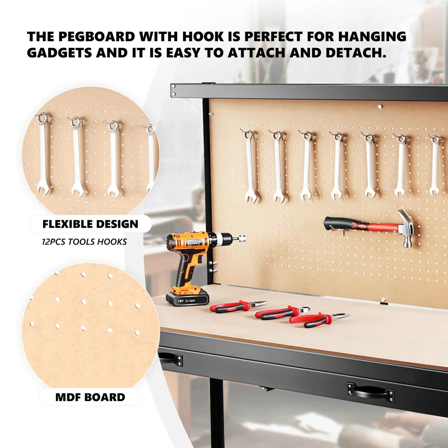 63 Inch Tools Cabinet Workbench with Pegboard featuring MDF board and 12 tool hooks on Tampa Home & Garden Store