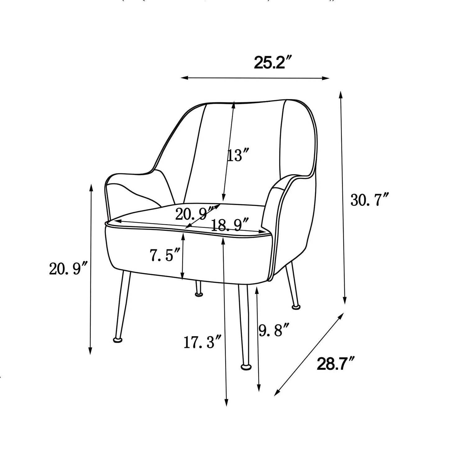 Modern Mid Century Velvet Sherpa Armchair schematic with 25.2 in width and 30.7 in height on Tampa Home & Garden Store