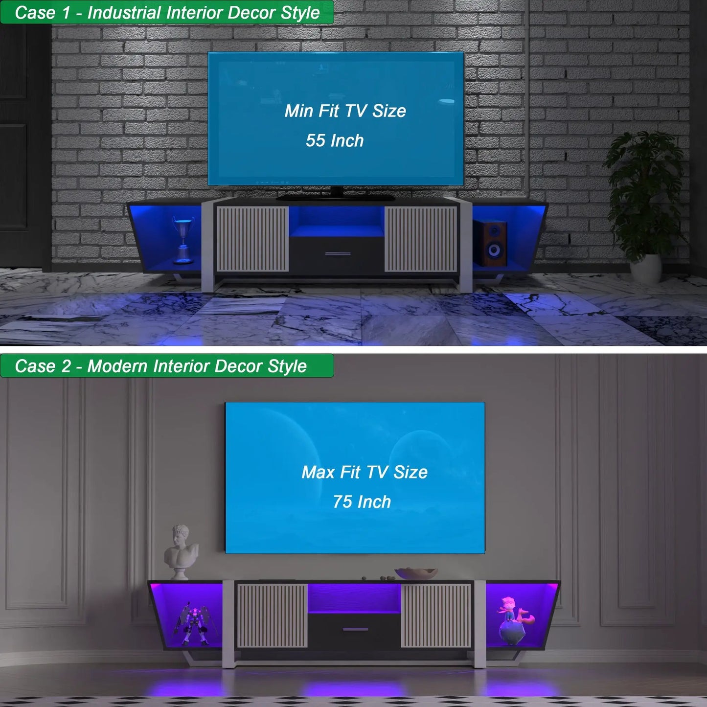 TV Console With Storage Cabinets and LED TV Stand in black and white with blue LED lighting on Tampa Home & Garden Store