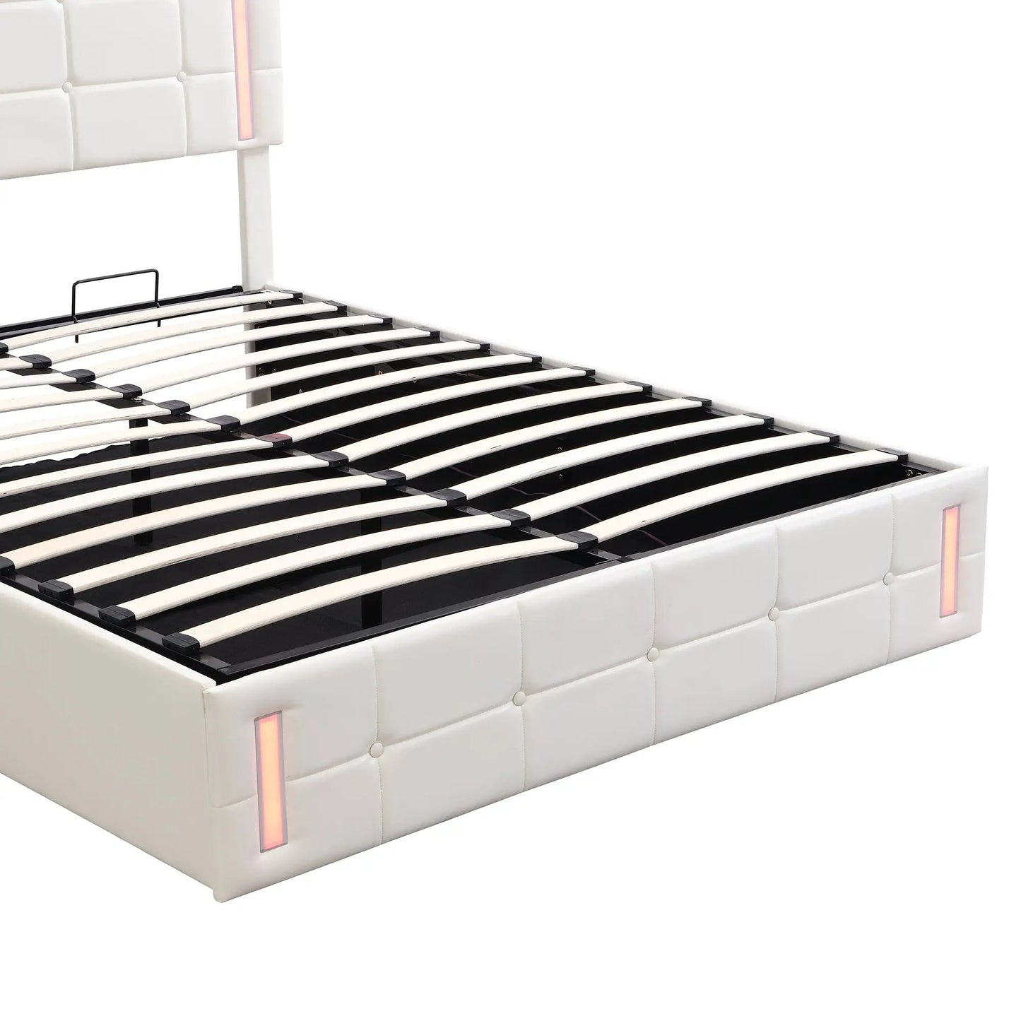 White queen upholstered bed frame with tufted headboard, LED side lights, and slatted base on Tampa Home & Garden Store