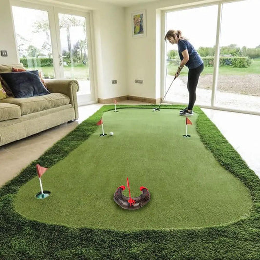 Golf putting practice green with adjustable hole cup indoors long turf mat with red flag holes on Tampa Home & Garden Store