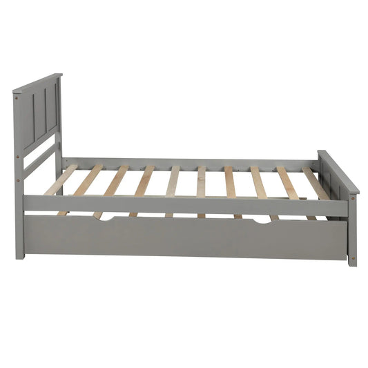 Gray platform bed frame with slatted headboard and wooden slats on Tampa Home & Garden Store