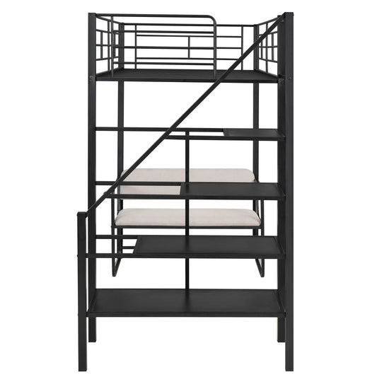 Twin metal black loft bed with guard rails, diagonal ladder, built in bench and underbed storage on Tampa Home & Garden Store