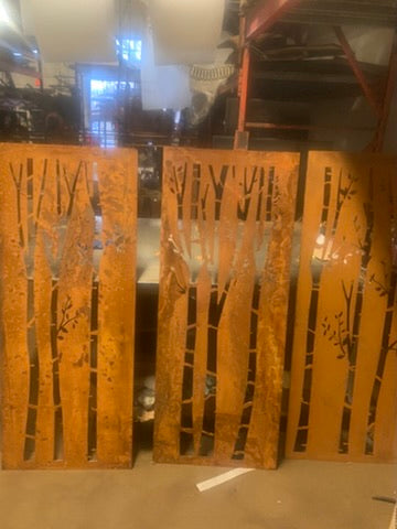 Outdoor Metal Privacy Fence 3-panel by Rustica Ornamentals in rust steel birch-tree cutouts on Tampa Home & Garden Store