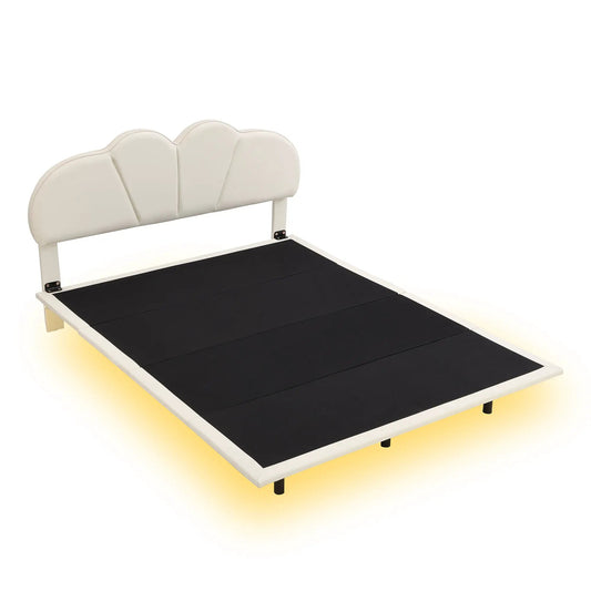 Queen size LED floating bed with white PU headboard and black base on Tampa Home & Garden Store